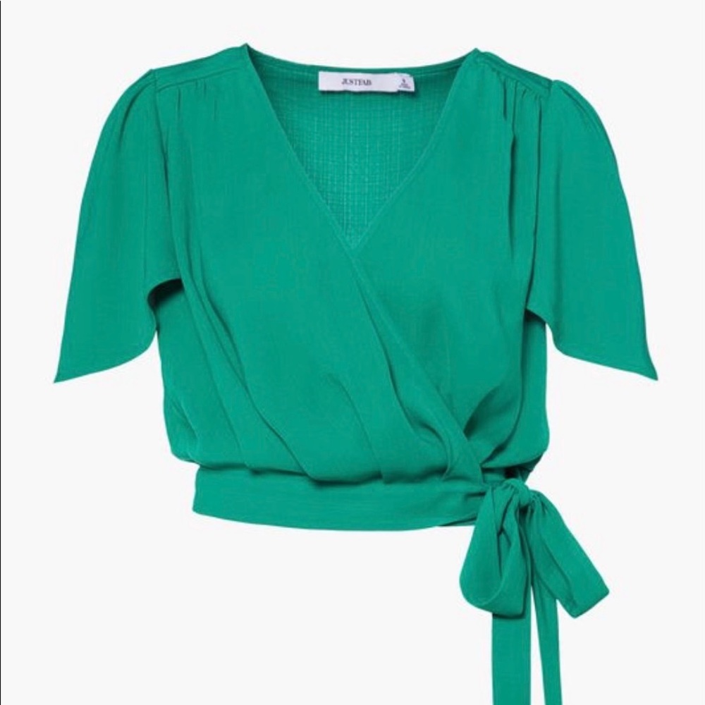 Green wrap blouse. . 🚭 but have fur babies